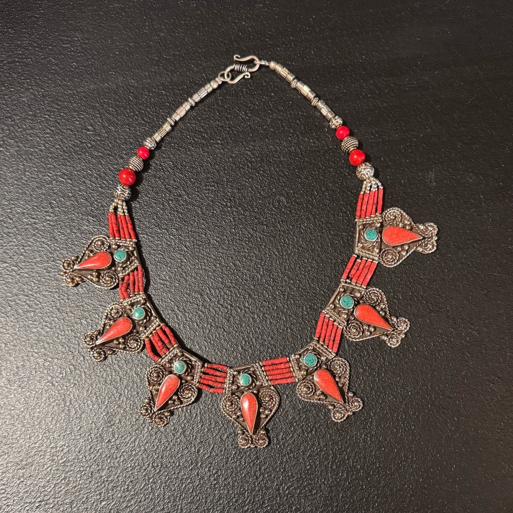 Vintage Tibetan Coral Turquoise Tribal Statement Necklace Boho Ethnic Jewelry